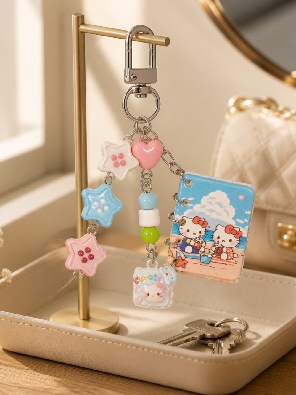 Hello Kitty Pink, Blue & White Kids Charm Keychain with Star Beads